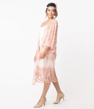 1920s Style Blush Pink Crochet Lace Kimono