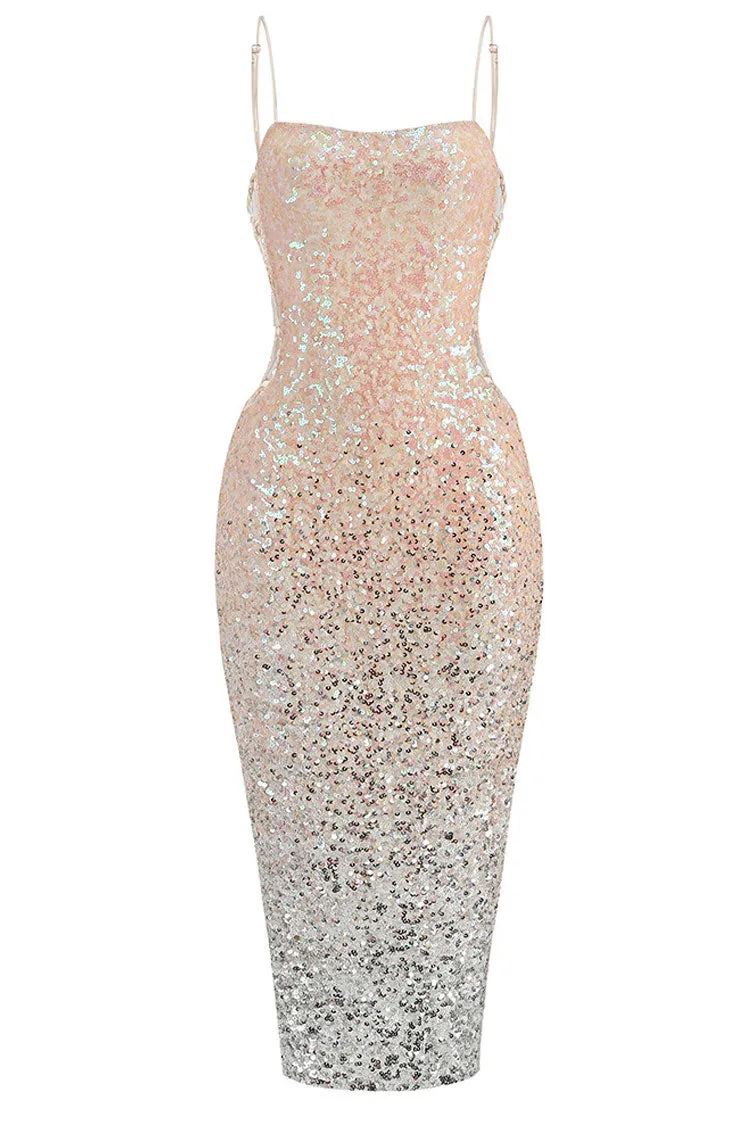 Amozae-Sparkly Ombre Sequin Spaghetti Strap Cutout Side Cocktail Midi Dress - Pink