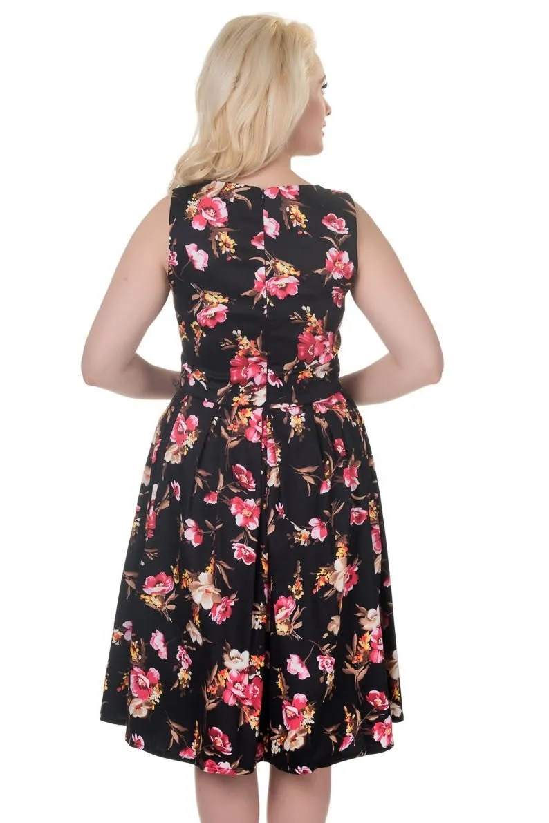 Annie Floral Retro Swing Dress in Black-Pink