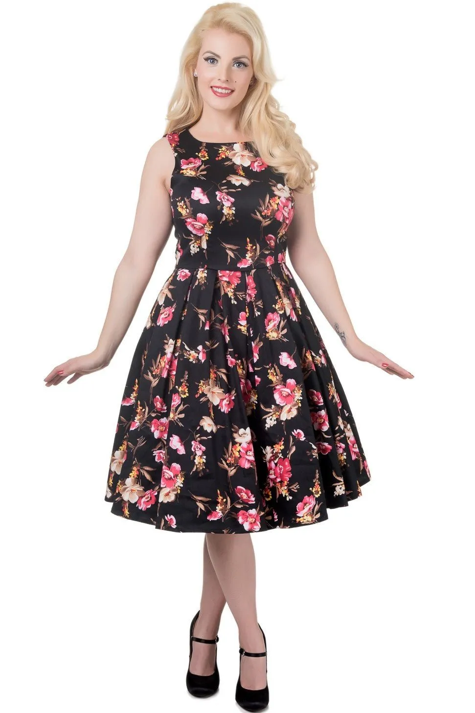 Annie Floral Retro Swing Dress in Black-Pink