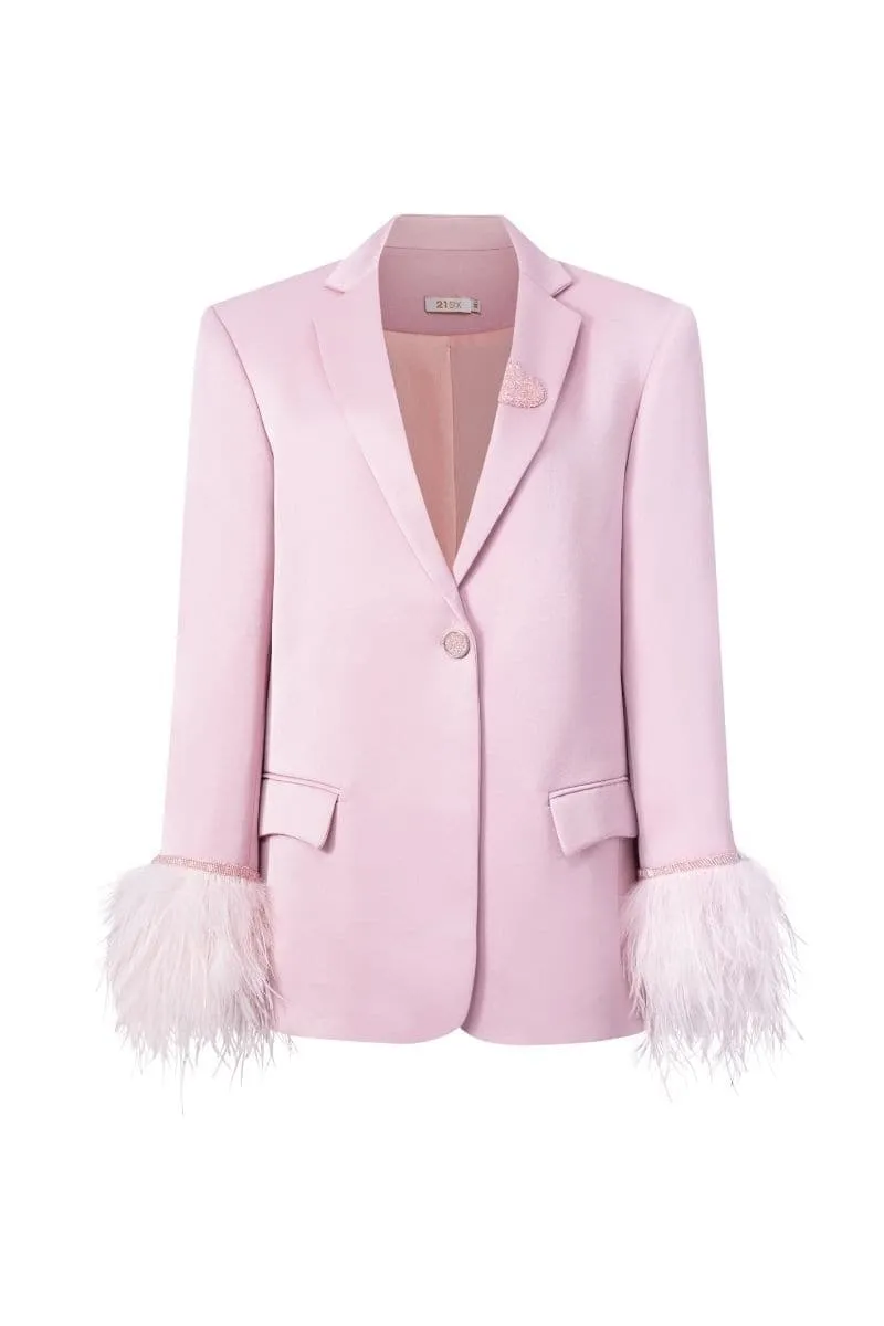 BABY PINK KIERA TAFFETA FEATHER BLAZER