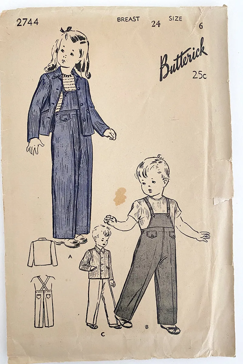 Butterick 2744 Vintage 1943 Sewing Pattern for Childrens Overalls & Jacket