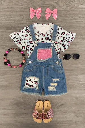 Cheetah & Pink Sequins Denim Overall Short Set