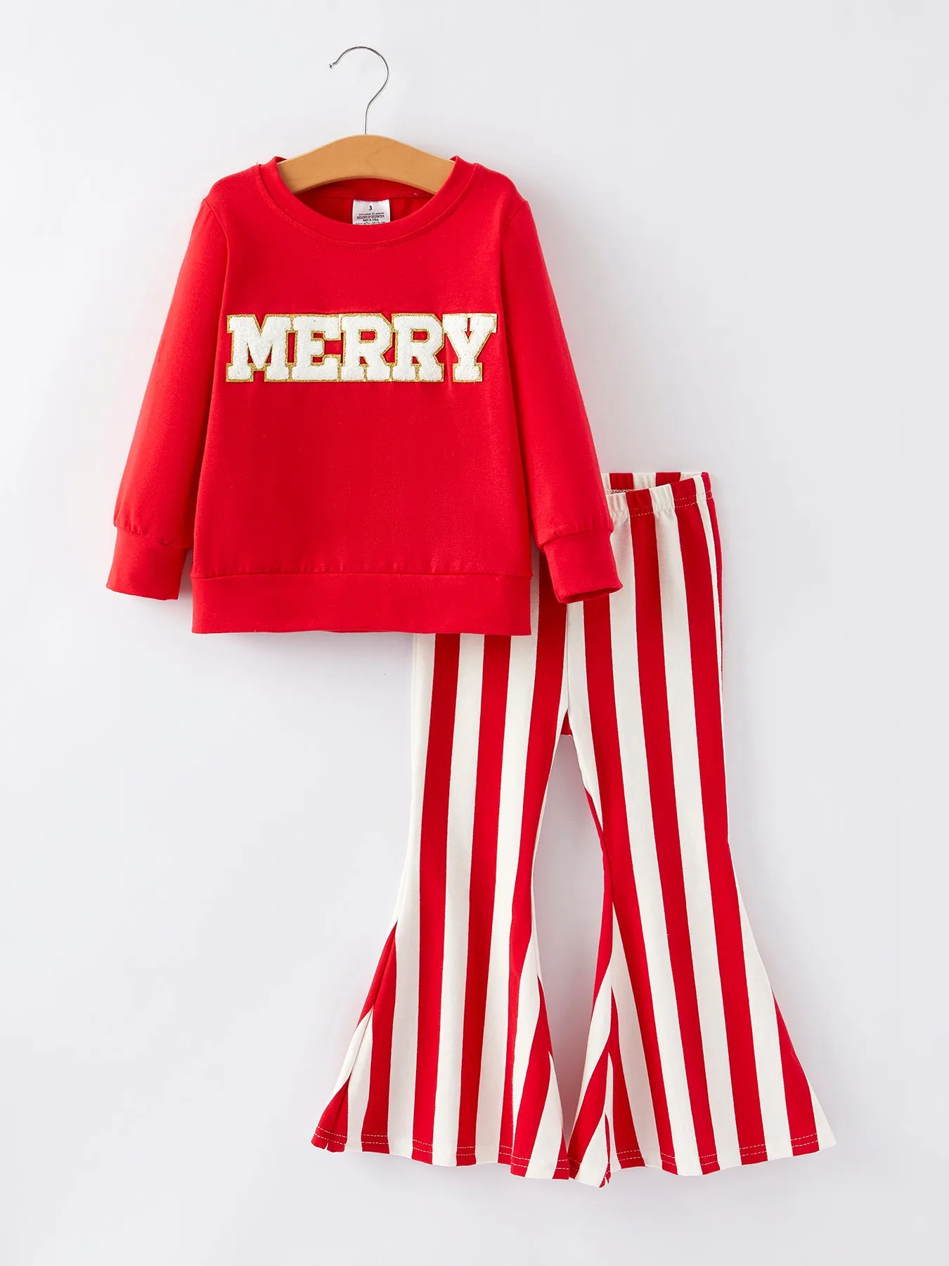 Christmas “MERRY” Applique Girls Striped Bell-bottom Pants Outfit Set