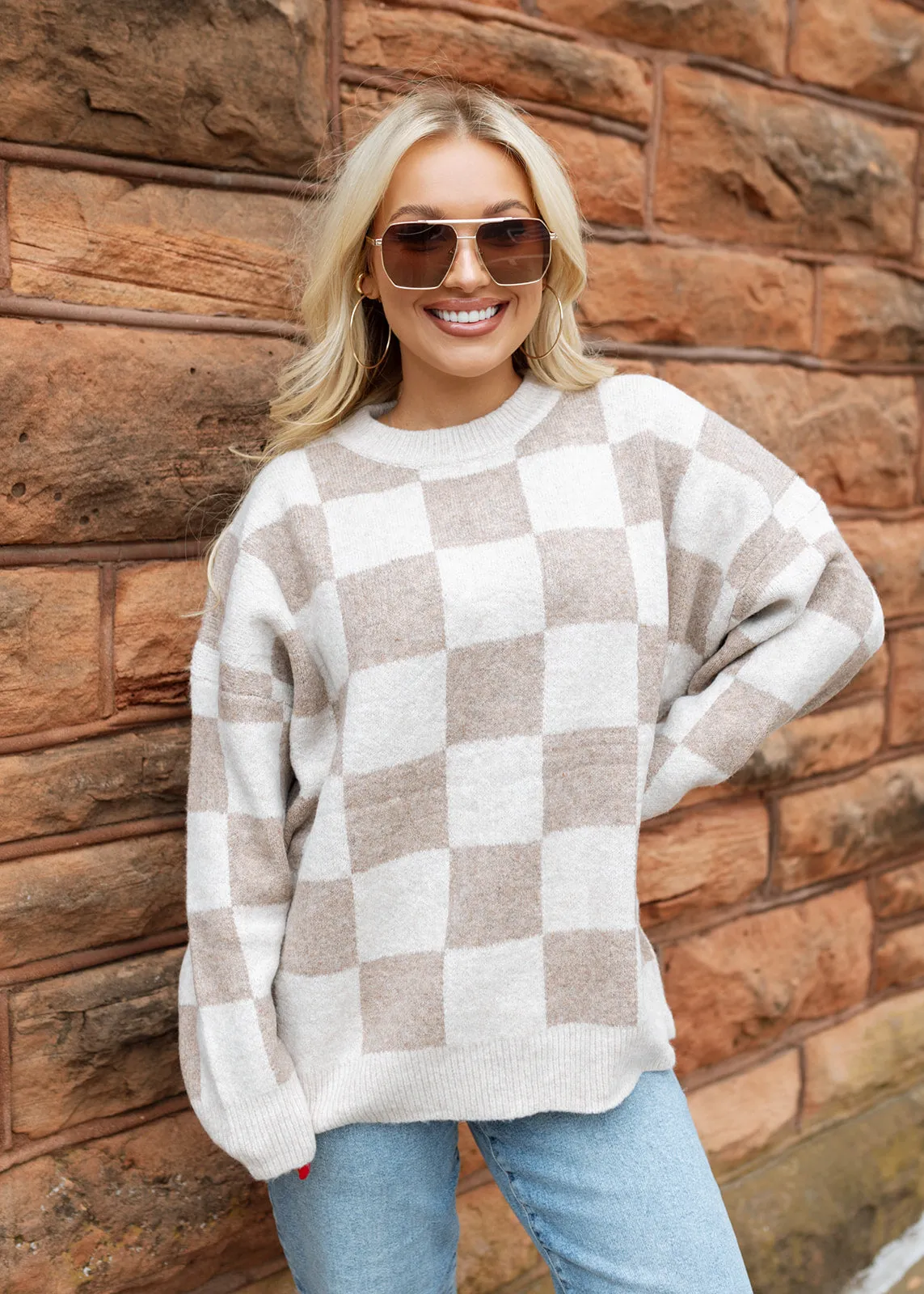 Cream & Beige Checkered Sweater