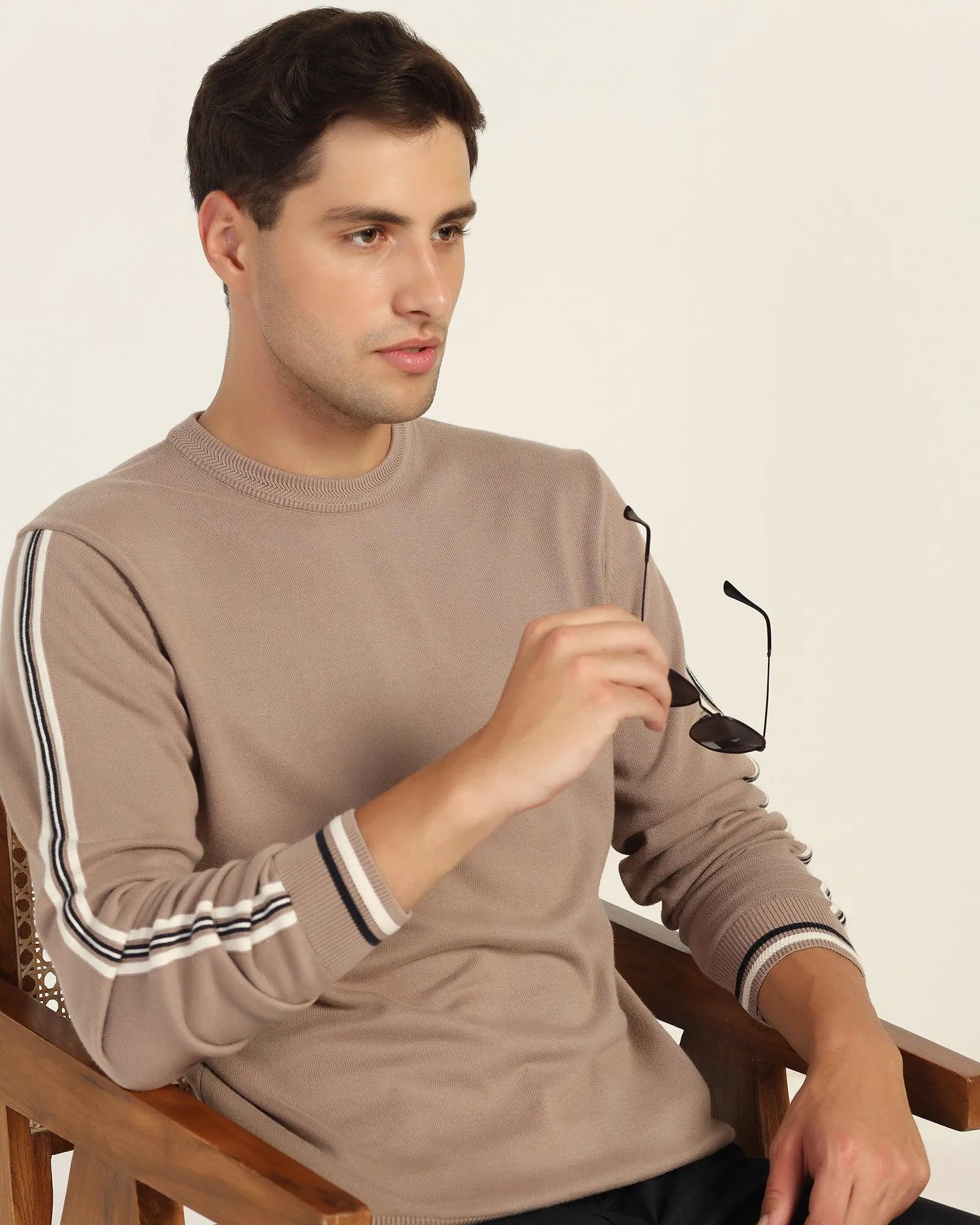 Crew Neck Beige Stripe Sweater - Forge