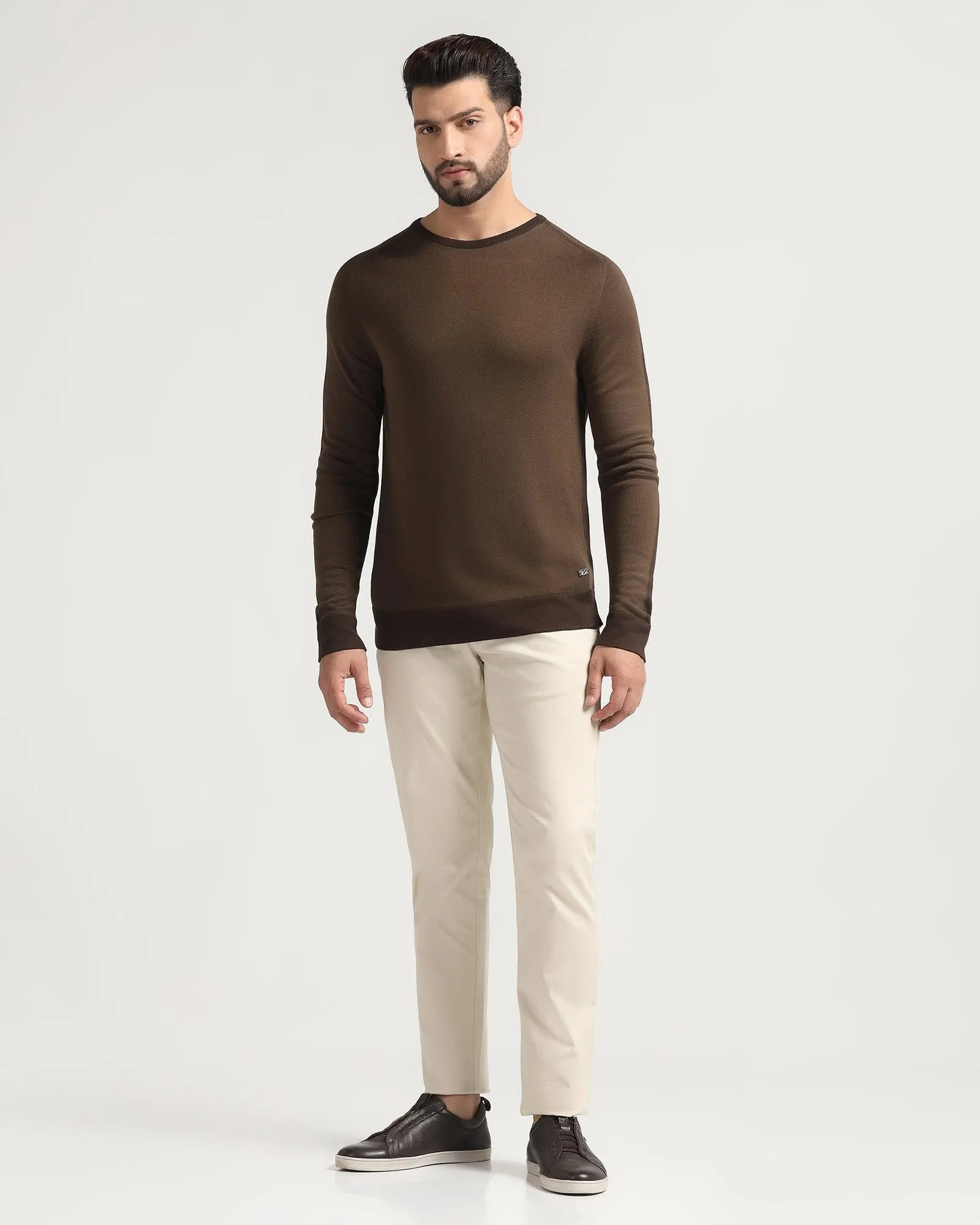 Crew Neck Brown Solid Sweater - Joseph