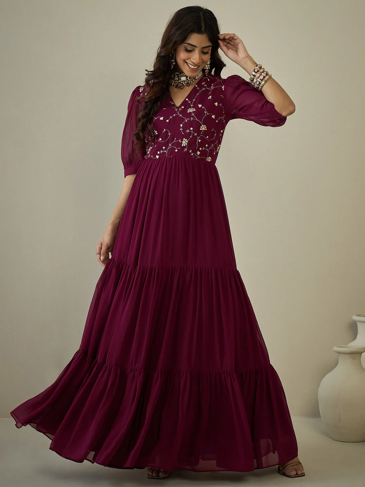 Embroidered Sequinned Tiered Maxi Ethnic Dresses