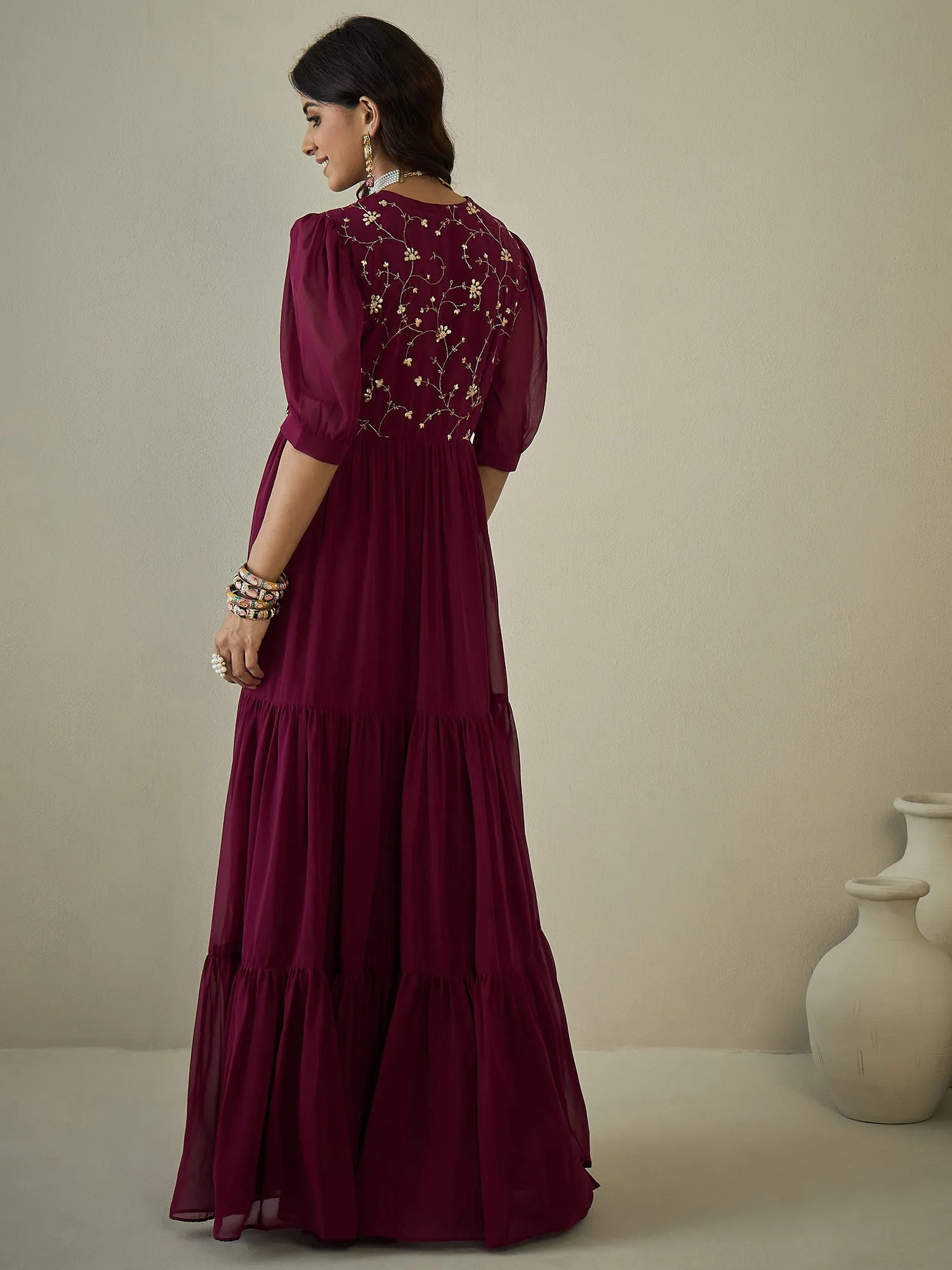 Embroidered Sequinned Tiered Maxi Ethnic Dresses