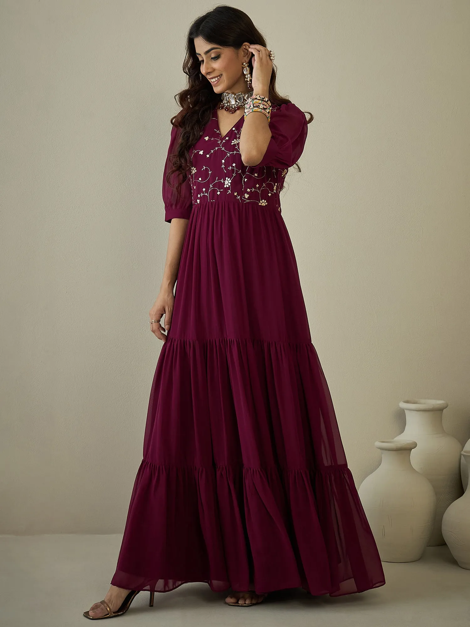 Embroidered Sequinned Tiered Maxi Ethnic Dresses