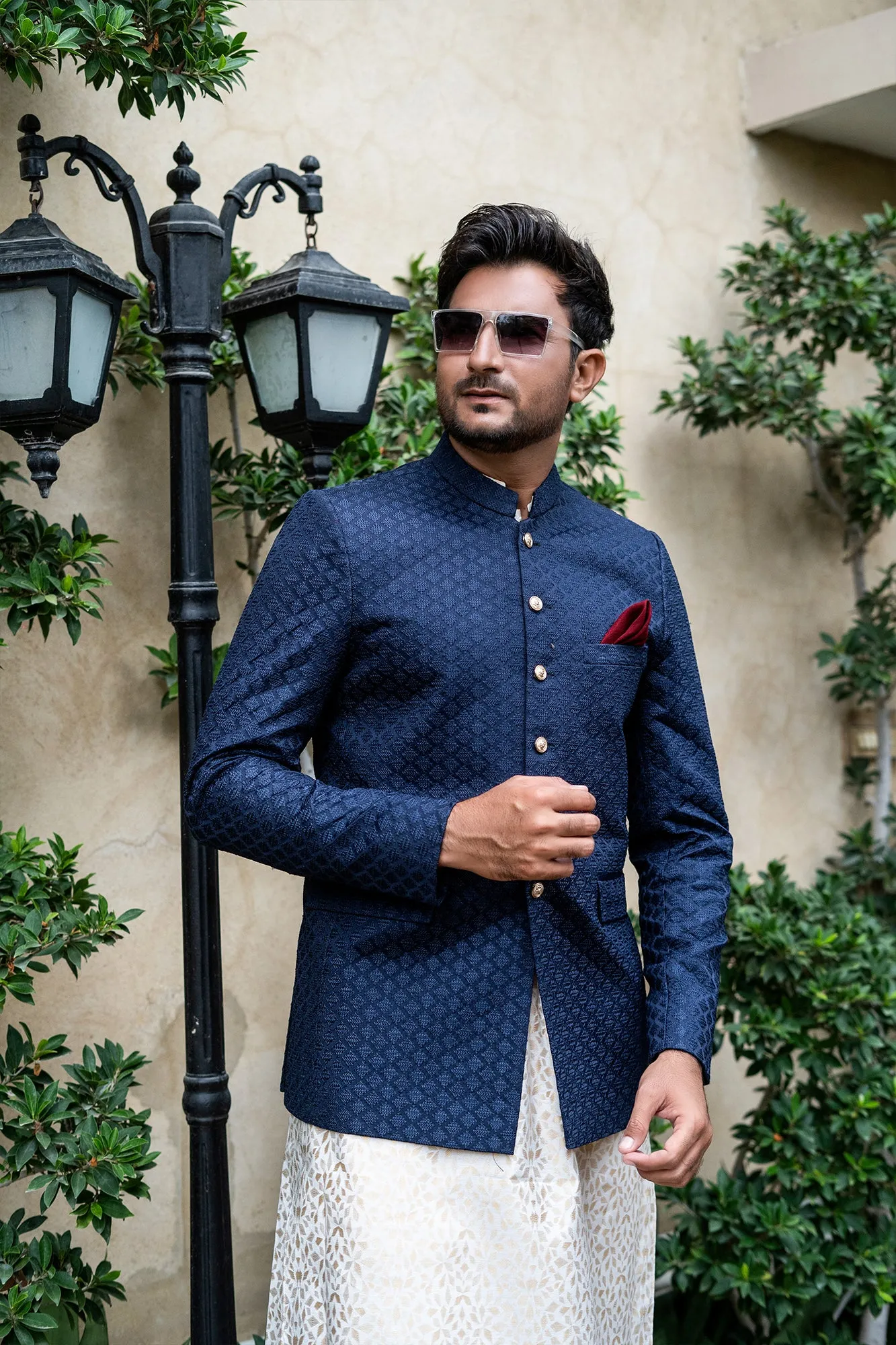 ER 2081 Navy Blue Nehru Jacket Front Open Wedding Prince Coat