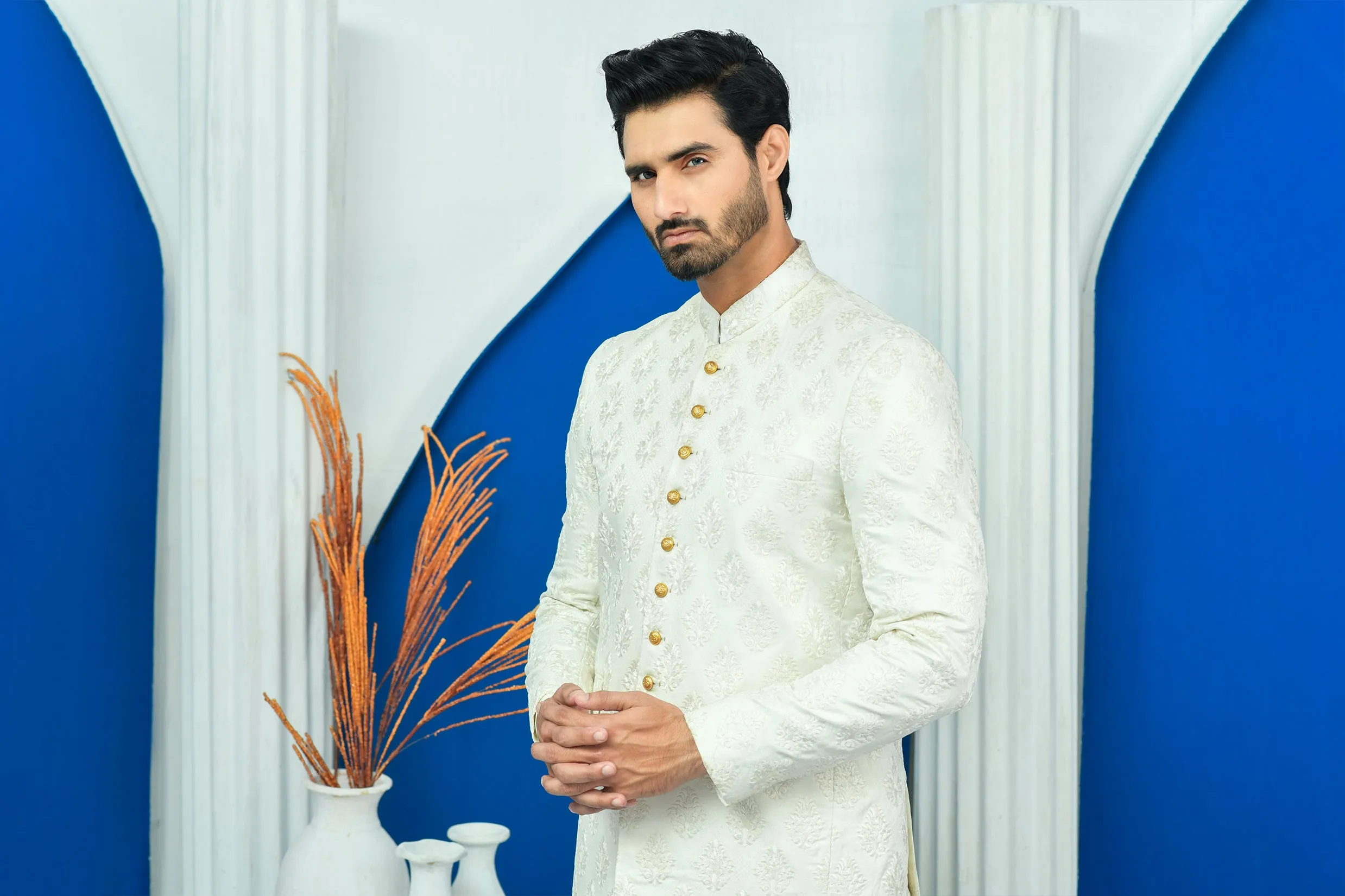 ER PC 2025 White Jamawar Boti Work Prince Coat