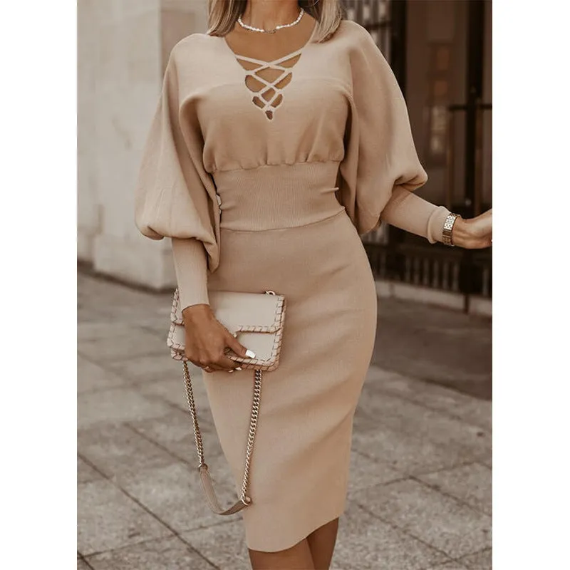 Fall/Winter Women's British Pure Color High Waist Long Sleeve Knit Dress