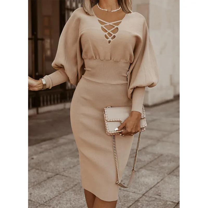 Fall/Winter Women's British Pure Color High Waist Long Sleeve Knit Dress