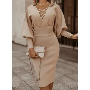 Fall/Winter Women's British Pure Color High Waist Long Sleeve Knit Dress