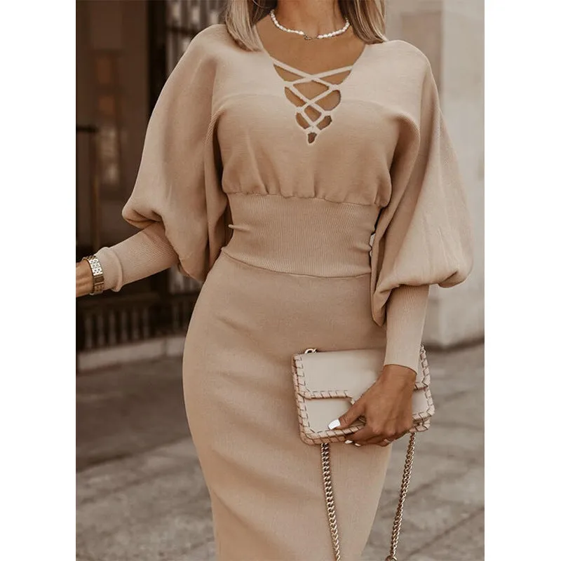 Fall/Winter Women's British Pure Color High Waist Long Sleeve Knit Dress