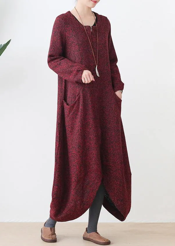 Fashion oversize medium length coat winter coats red v neck asymmetric Wool jackets