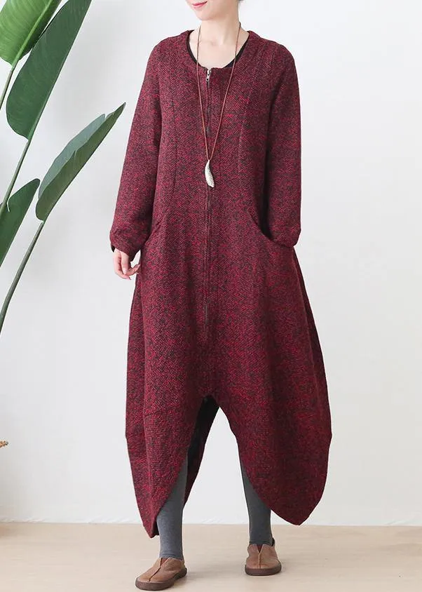 Fashion oversize medium length coat winter coats red v neck asymmetric Wool jackets