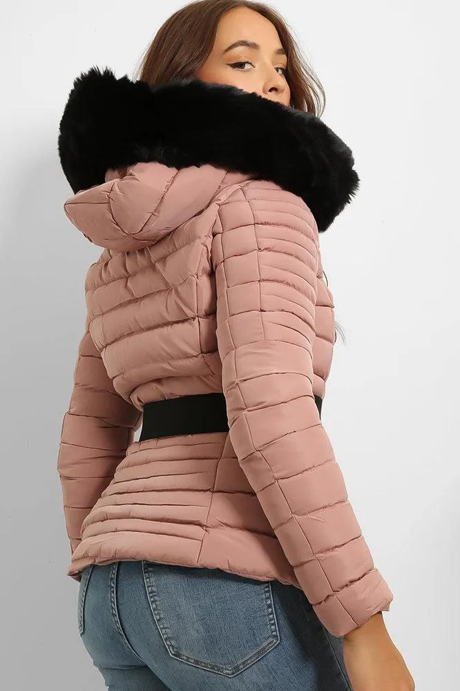 Faux Fur Trim Hood Padded Jacket With Elastic Belt And Gold Buckle