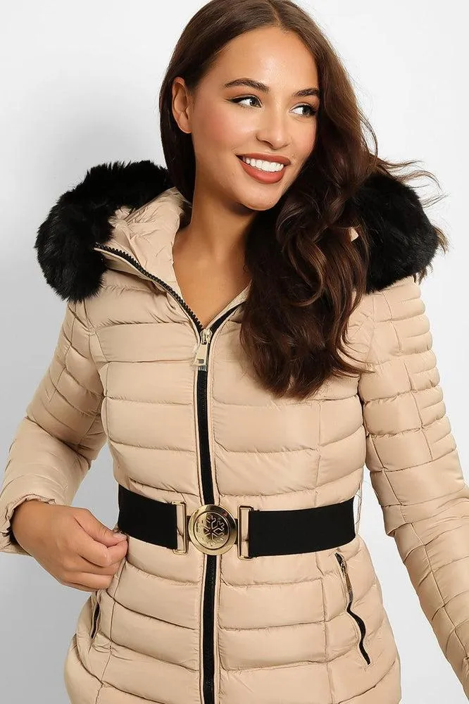 Faux Fur Trim Hood Padded Jacket With Elastic Belt And Gold Buckle