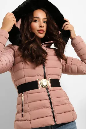 Faux Fur Trim Hood Padded Jacket With Elastic Belt And Gold Buckle