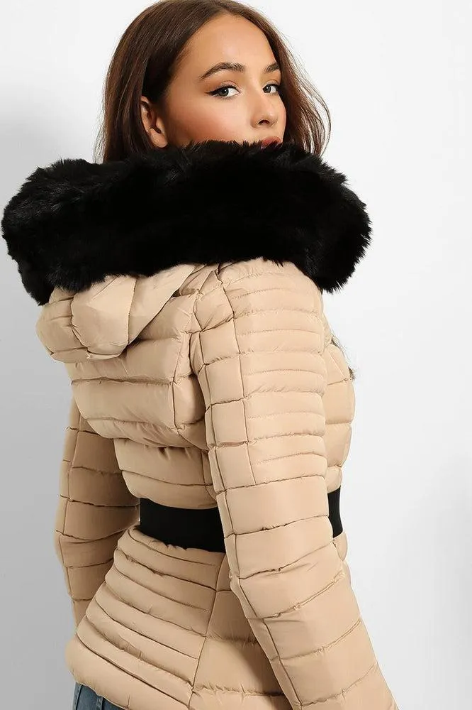 Faux Fur Trim Hood Padded Jacket With Elastic Belt And Gold Buckle