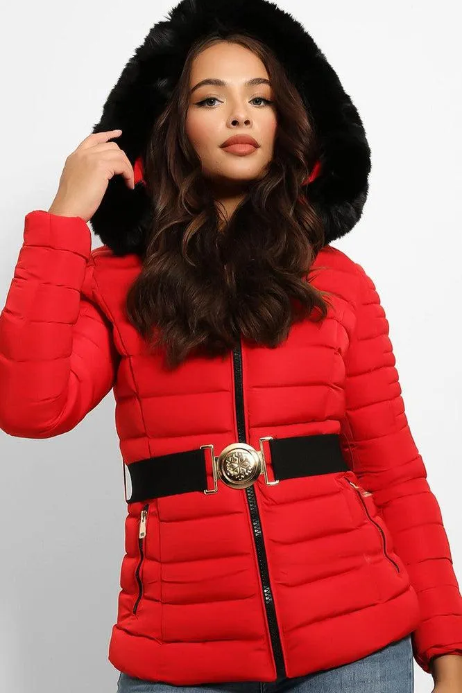 Faux Fur Trim Hood Padded Jacket With Elastic Belt And Gold Buckle