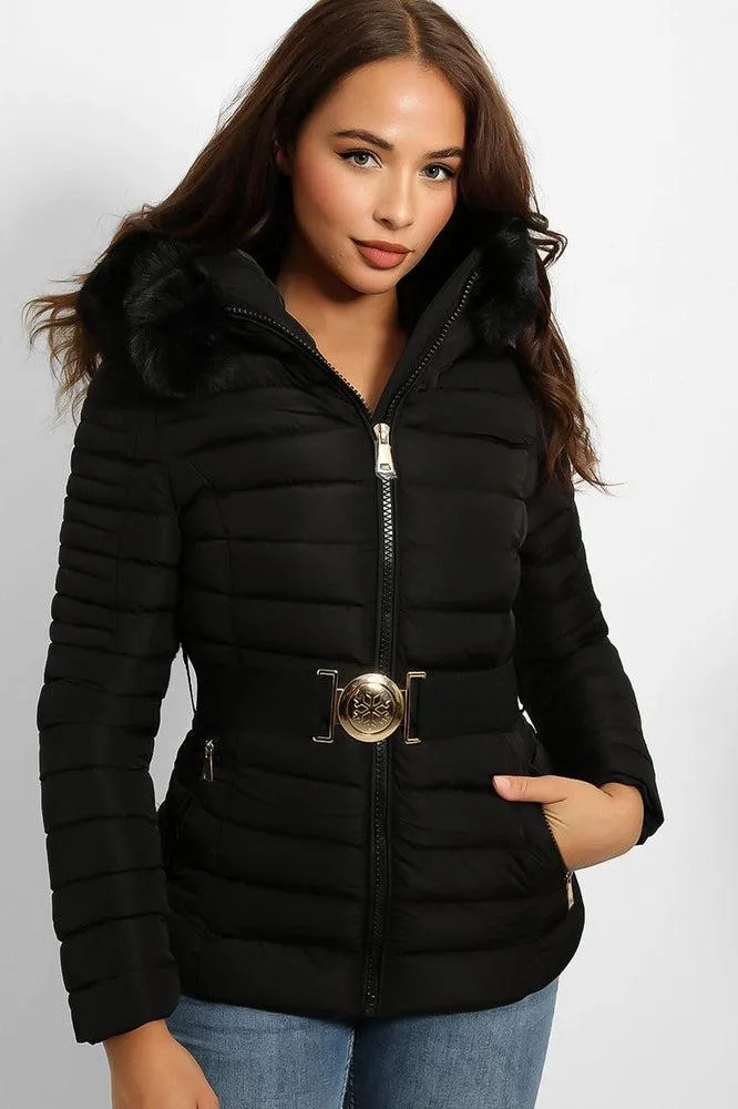 Faux Fur Trim Hood Padded Jacket With Elastic Belt And Gold Buckle