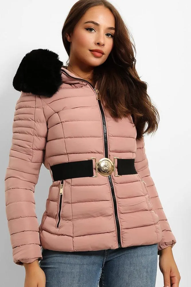 Faux Fur Trim Hood Padded Jacket With Elastic Belt And Gold Buckle