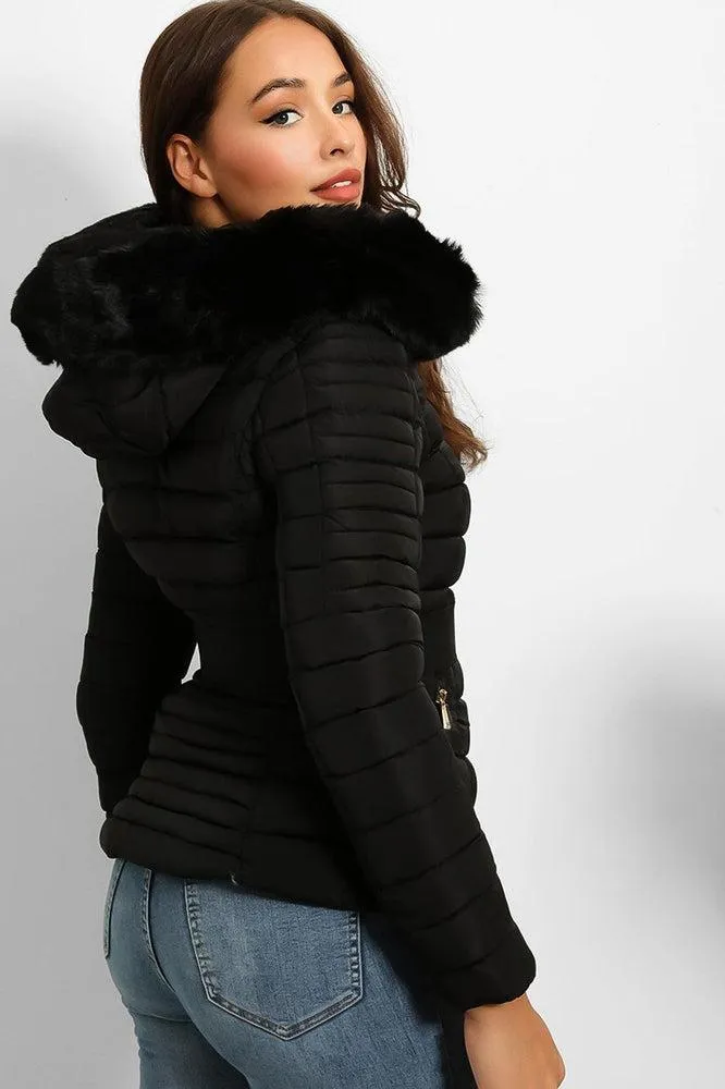 Faux Fur Trim Hood Padded Jacket With Elastic Belt And Gold Buckle