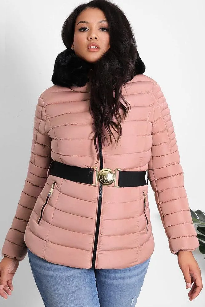 Faux Fur Trim Hood Padded Jacket With Elastic Belt And Gold Buckle