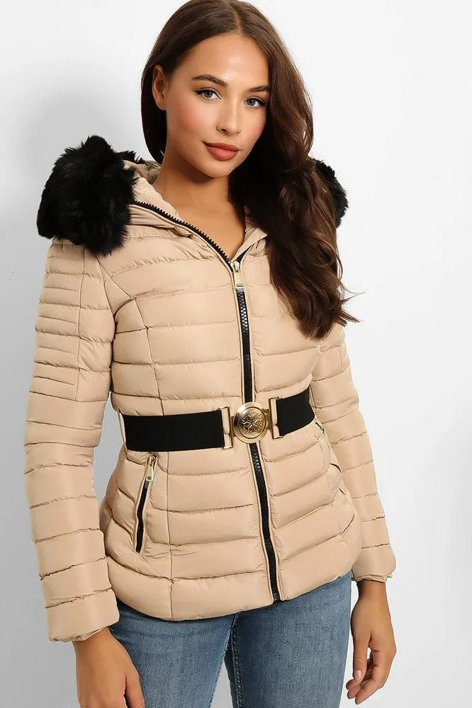 Faux Fur Trim Hood Padded Jacket With Elastic Belt And Gold Buckle