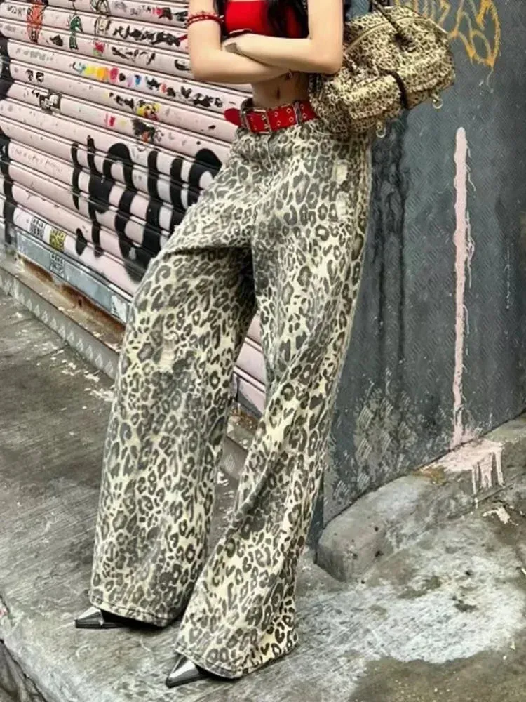 Girlary American Style Personalized Snake Print Raw Edge Jeans Retro Street High Waist Slimming Loose Wide Leg Floor Mopping Pants