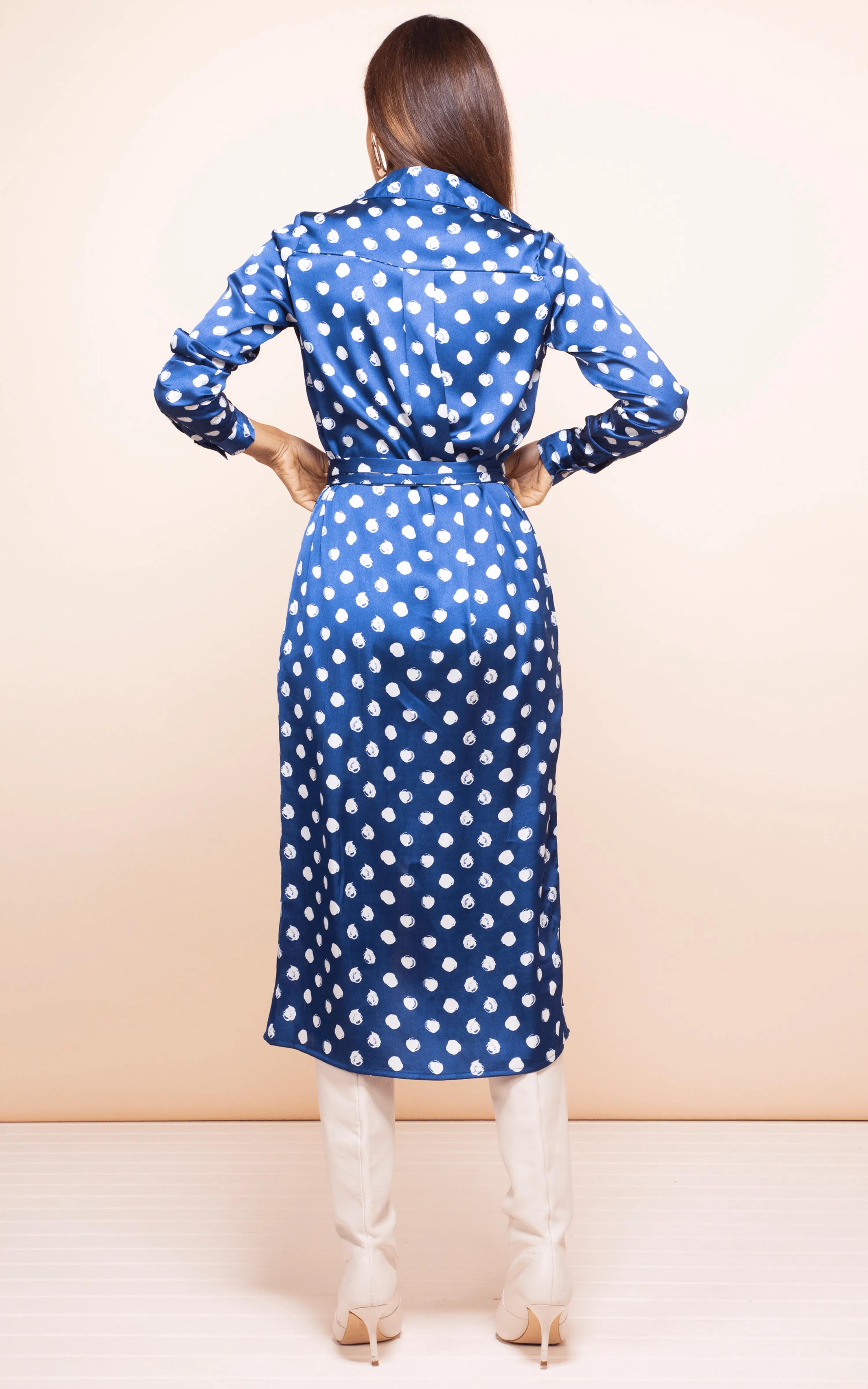 Hadiba Midi Shirt Dress In Navy Polka Dot