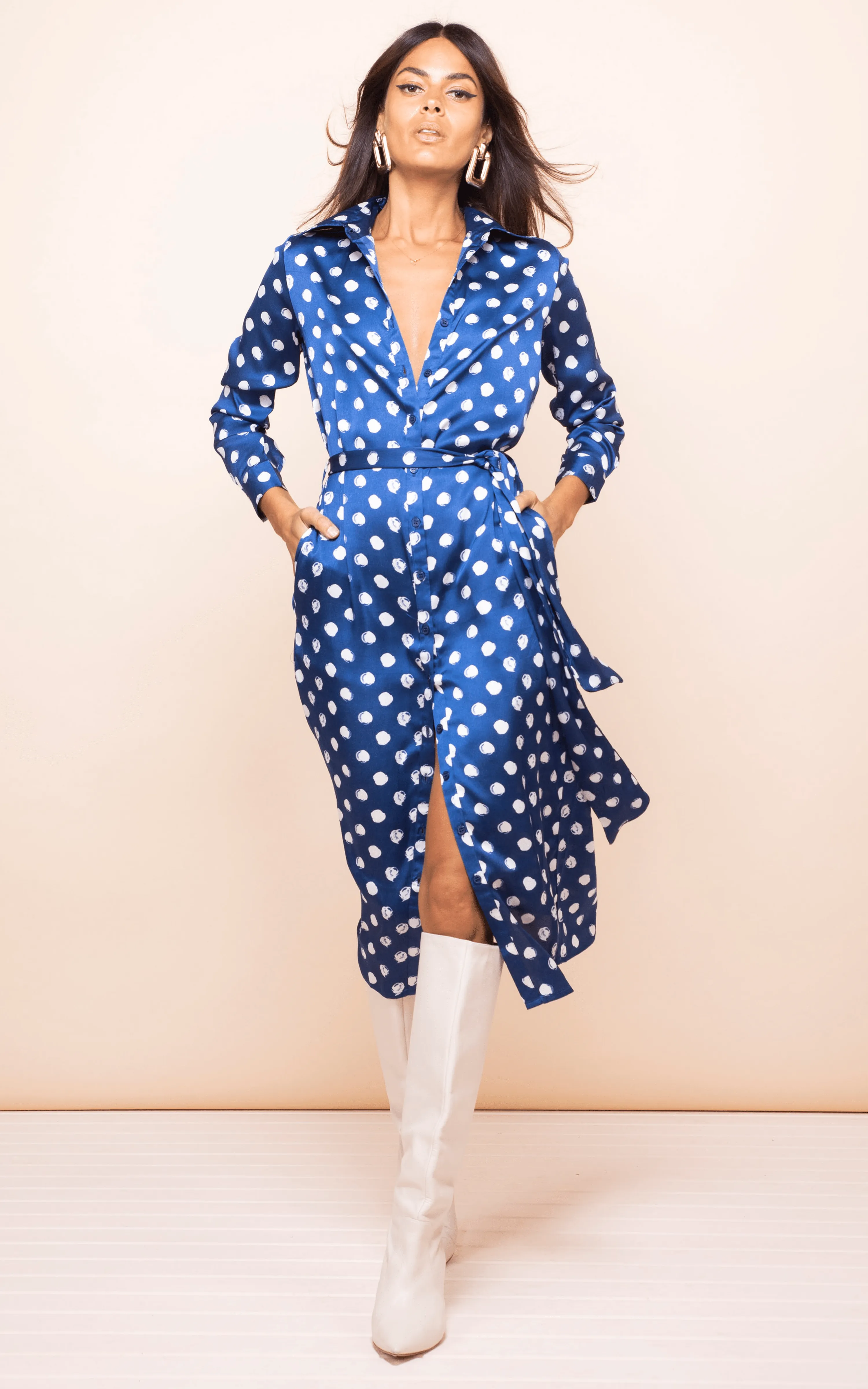 Hadiba Midi Shirt Dress In Navy Polka Dot