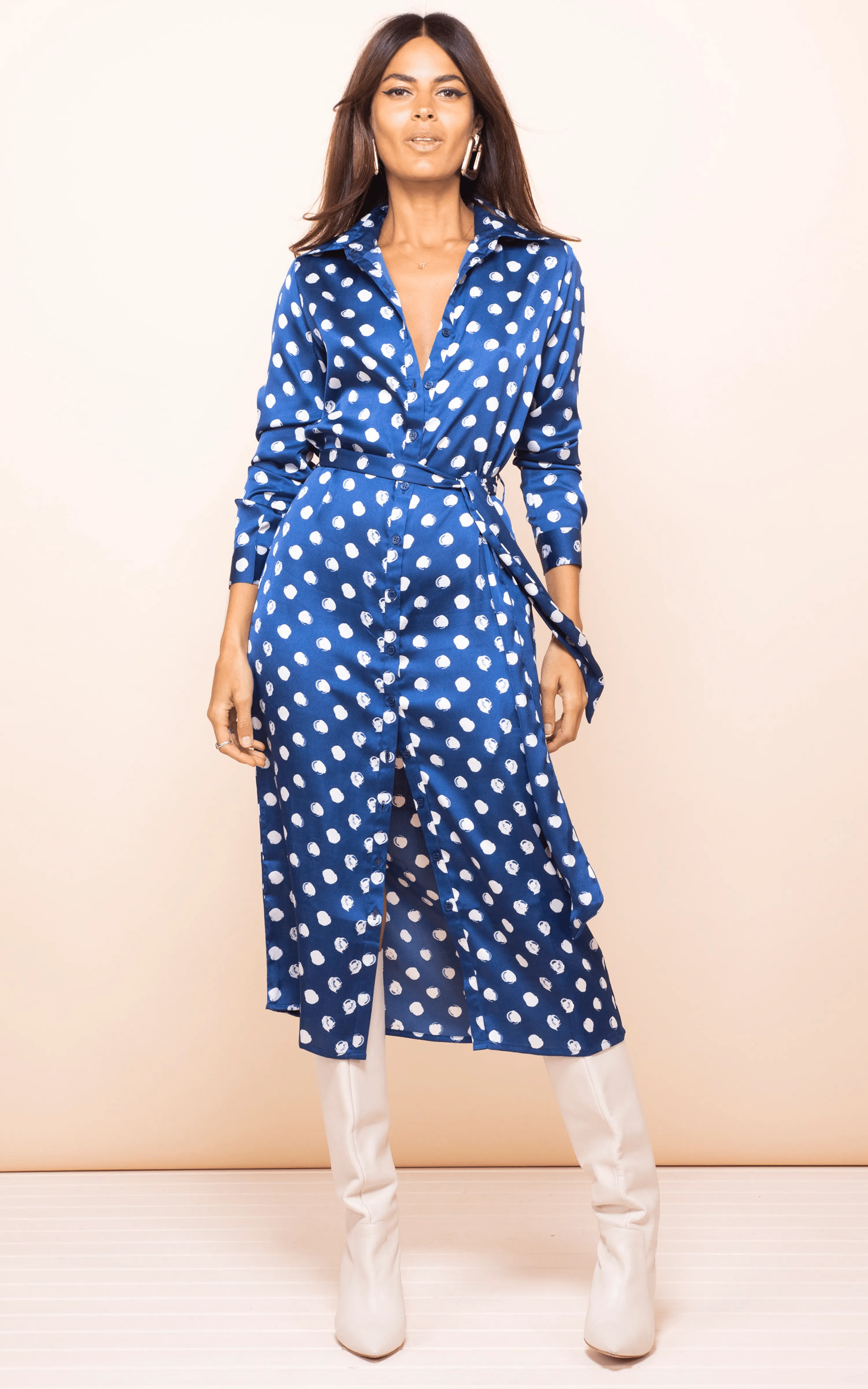 Hadiba Midi Shirt Dress In Navy Polka Dot