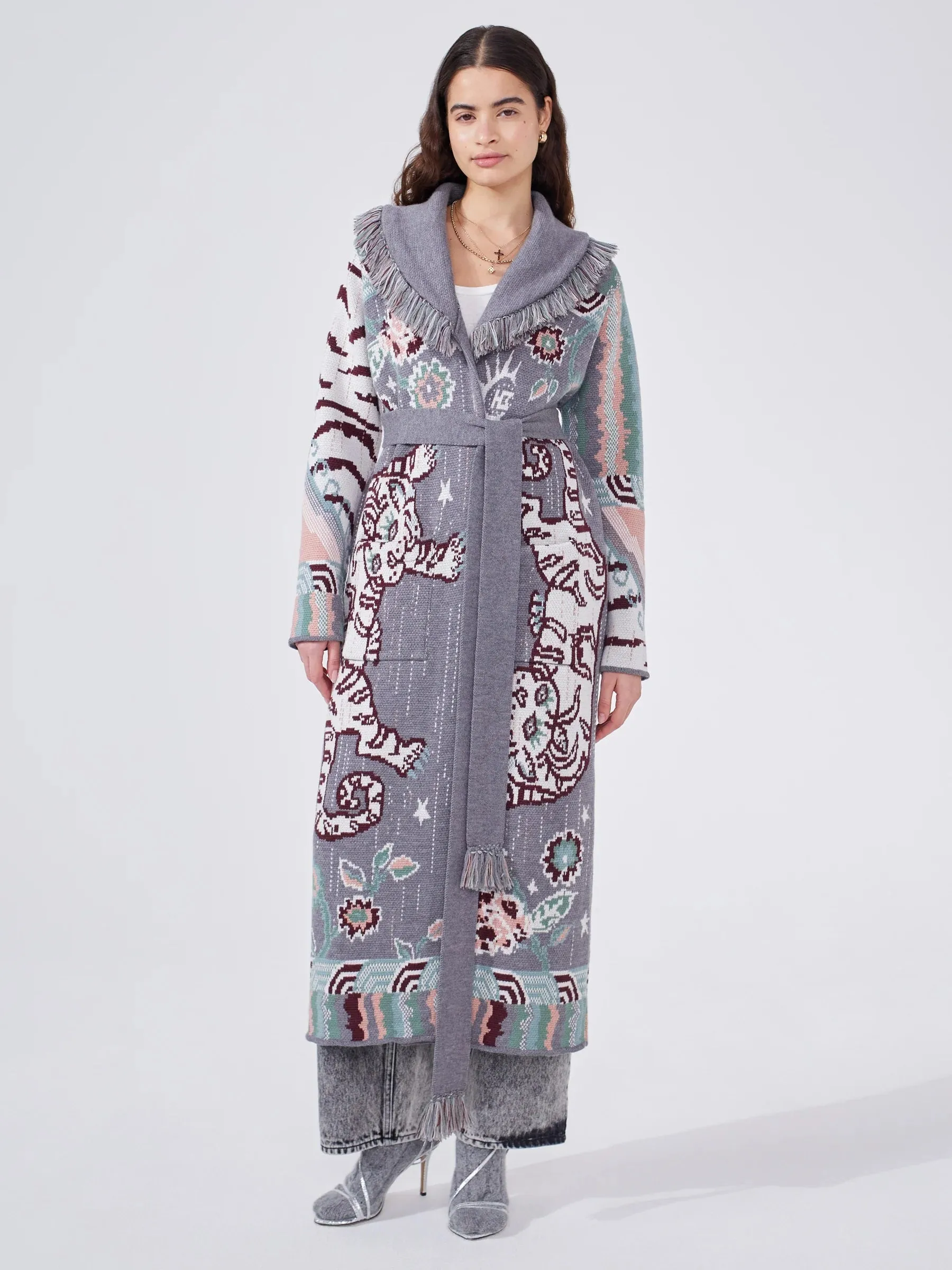 Hayley Menzies Tibetan Tiger Merino Jacquard Long Cardigan Grey