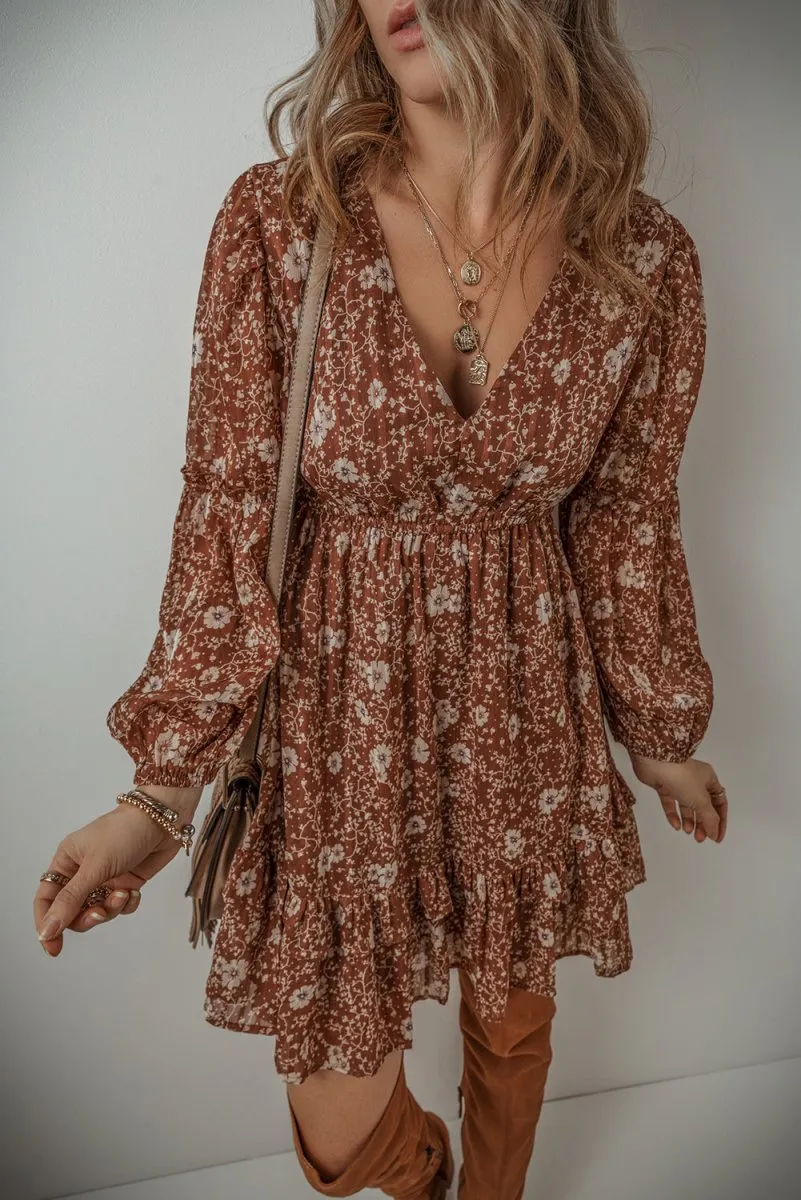 Heather Boho Brown Floral Ruffled Mini Dress