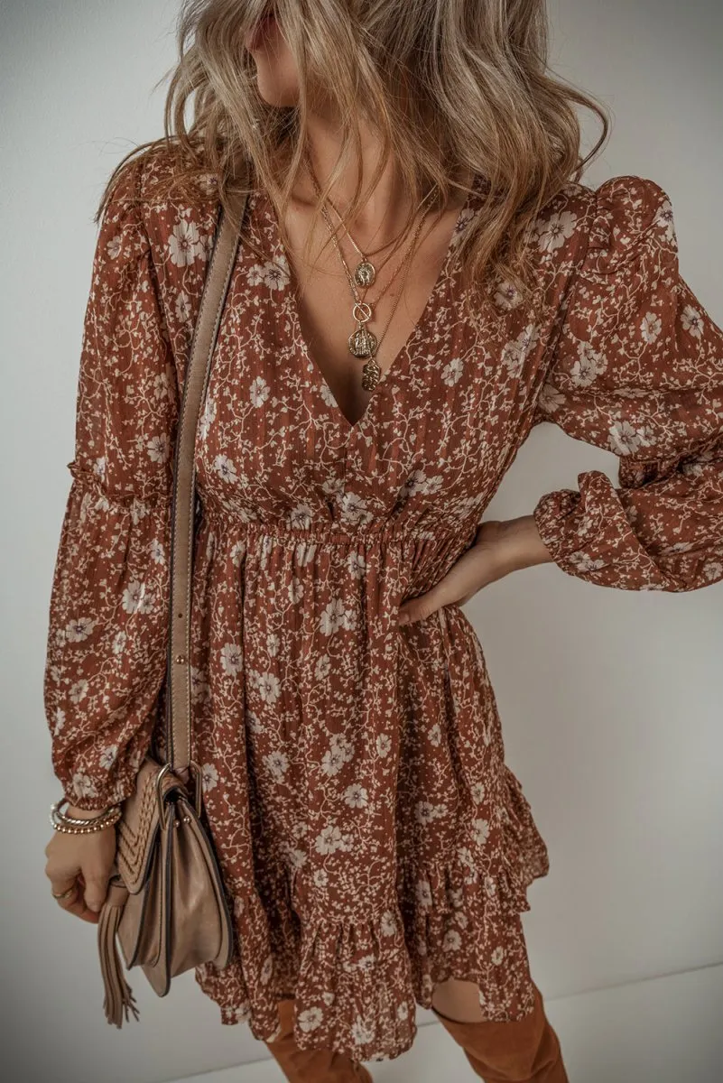 Heather Boho Brown Floral Ruffled Mini Dress