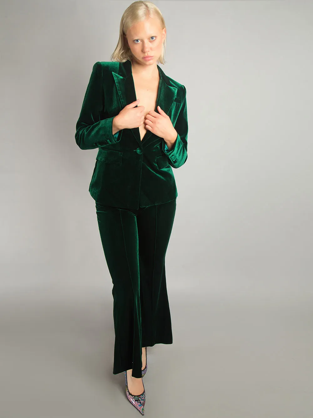 HINIYA Velvet Blazer & Flared Pants Set in Green