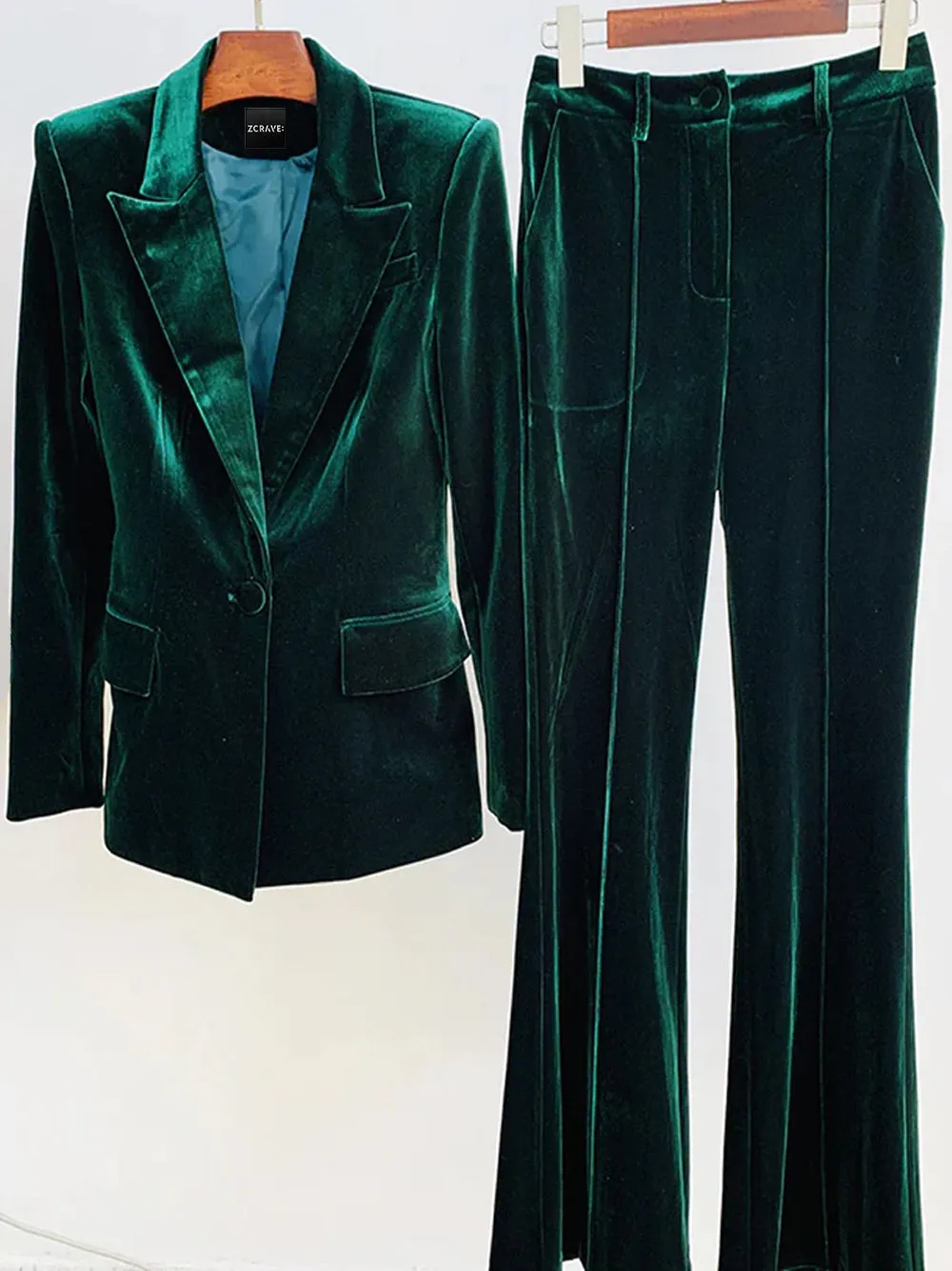 HINIYA Velvet Blazer & Flared Pants Set in Green