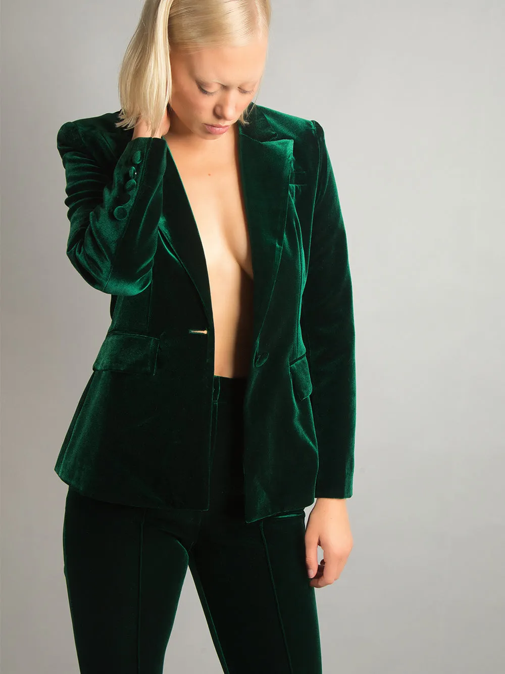 HINIYA Velvet Blazer & Flared Pants Set in Green