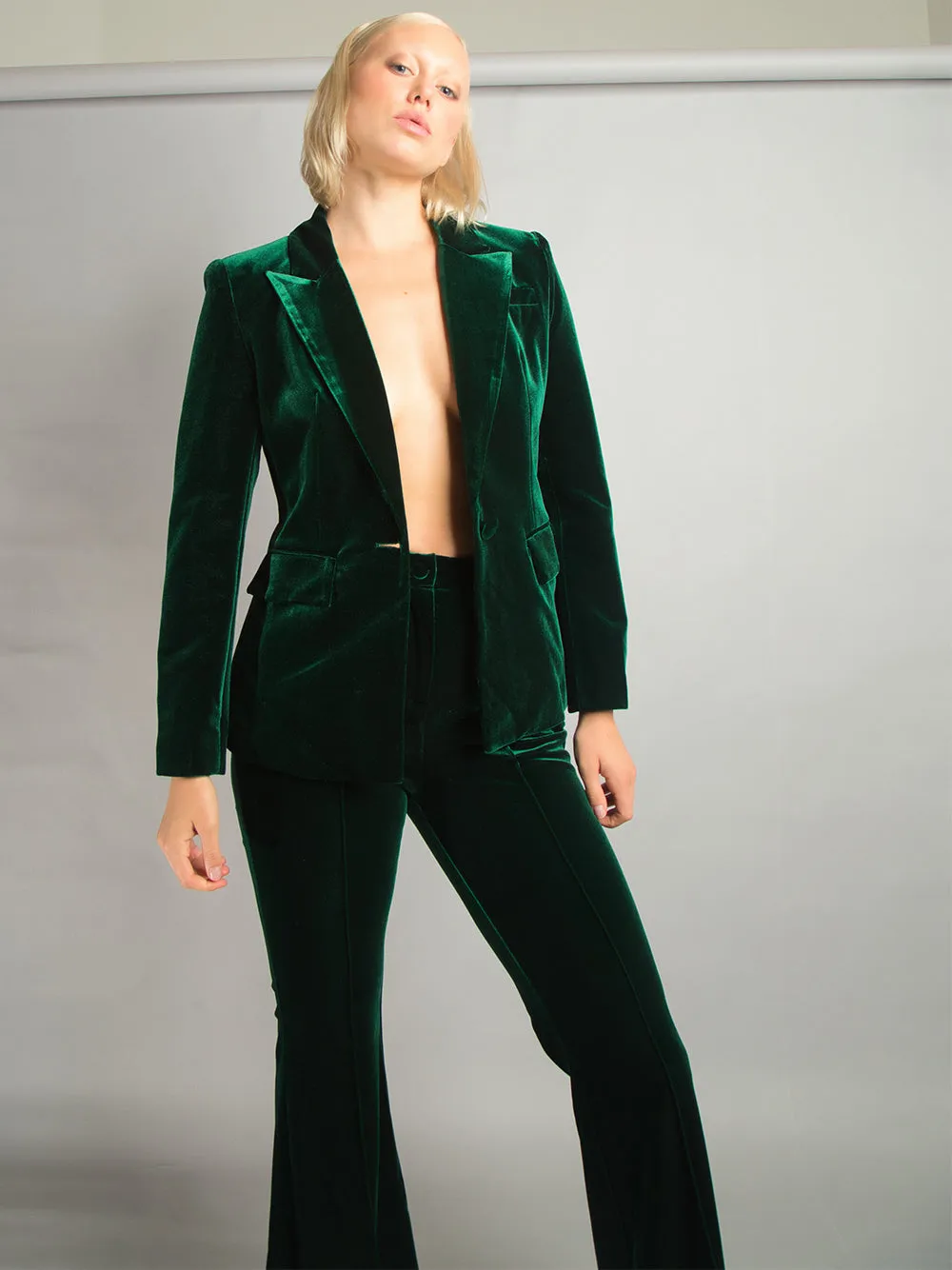 HINIYA Velvet Blazer & Flared Pants Set in Green