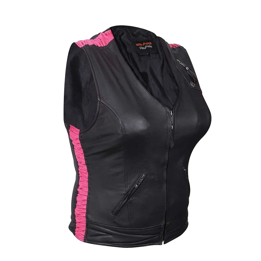 HML1033 Ladies Premium Leather Vest with Leather Scrunch Sides in Fuchsia, Purple or Black