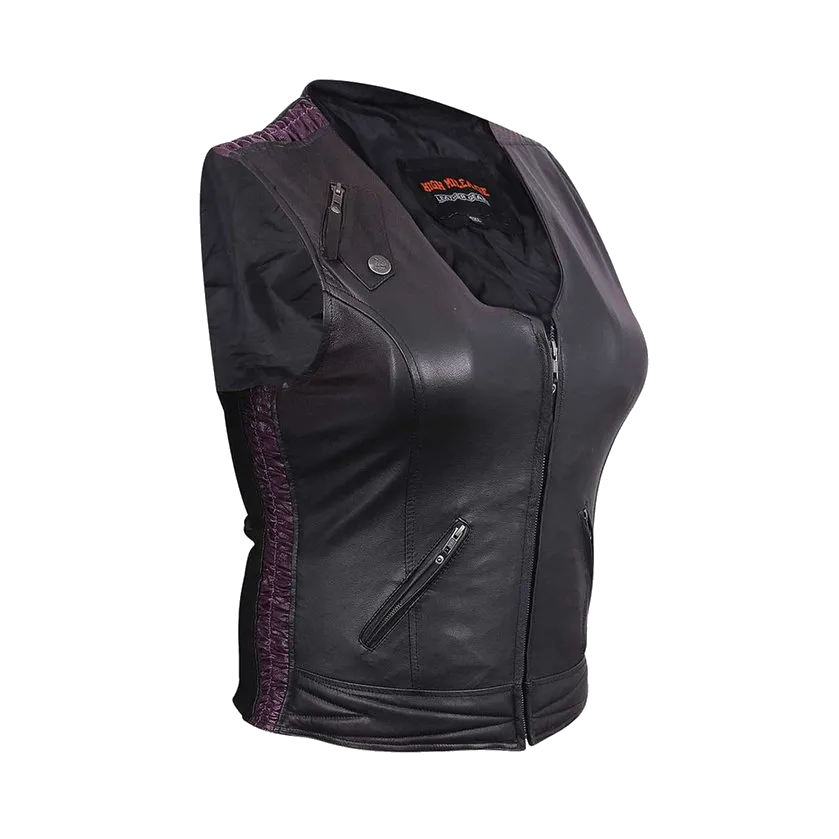 HML1033 Ladies Premium Leather Vest with Leather Scrunch Sides in Fuchsia, Purple or Black