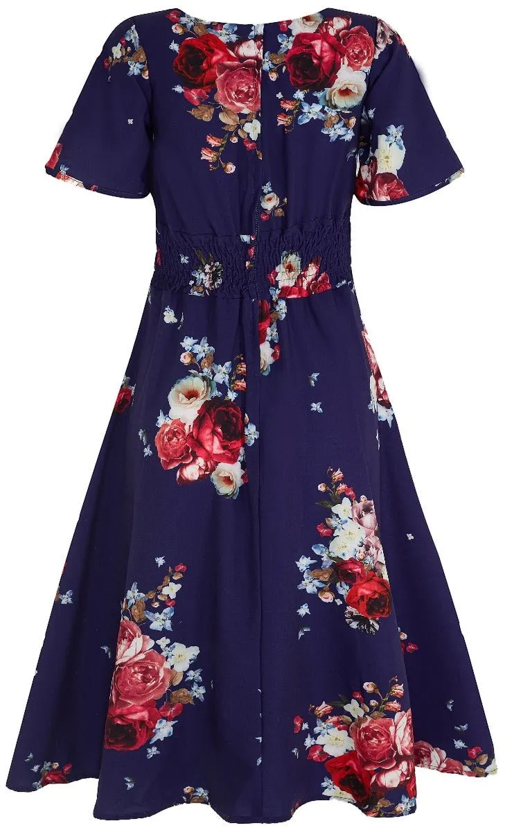 Janice V-Neck Sleeved Tea Dress in Navy Floral Rose Print