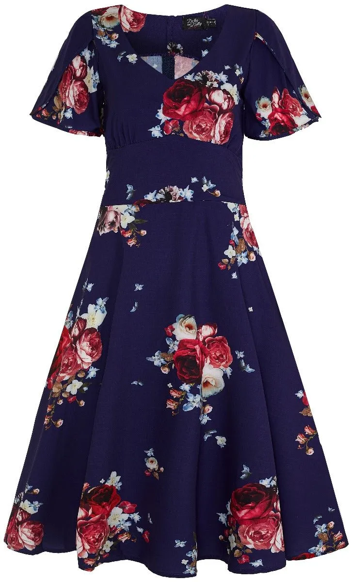 Janice V-Neck Sleeved Tea Dress in Navy Floral Rose Print