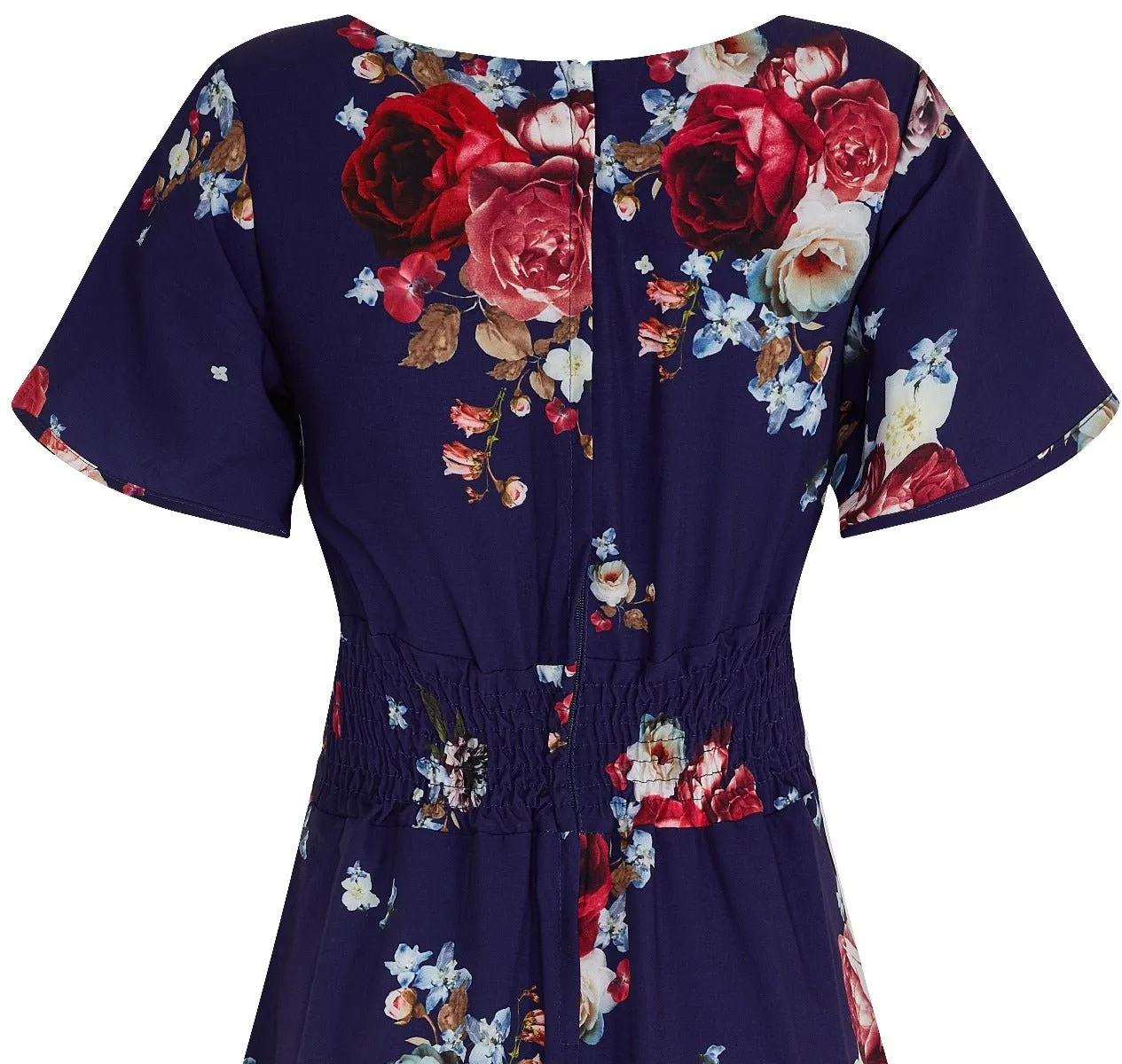 Janice V-Neck Sleeved Tea Dress in Navy Floral Rose Print