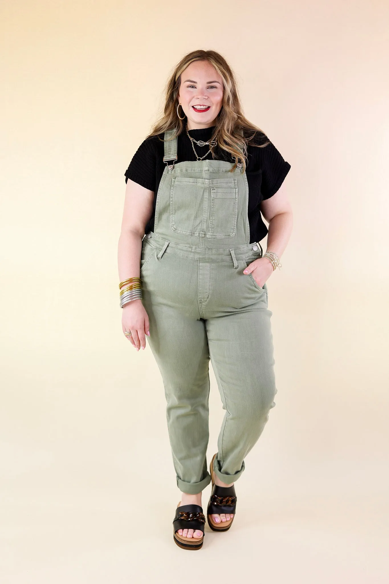 Judy Blue | Start The Bonfire Denim Garment Dyed Overalls in Sage Green