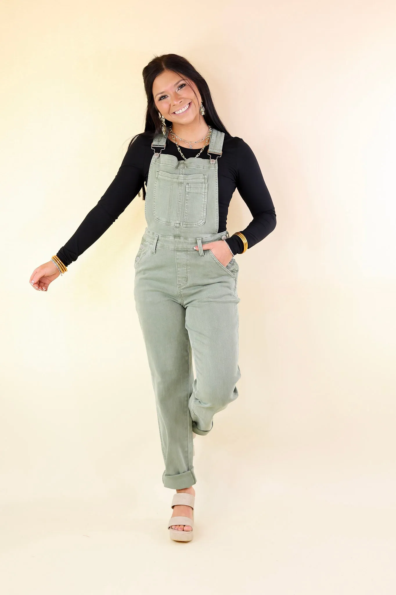 Judy Blue | Start The Bonfire Denim Garment Dyed Overalls in Sage Green